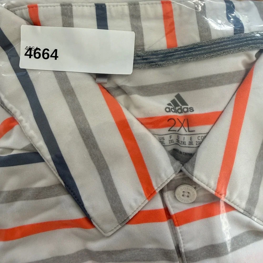Adidas Polo Shirt Men 2XL White Orange Striped Golf Performance Short Sleeve